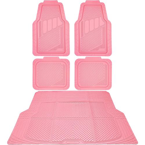CAR PASS Heavy Duty Rubber Floor Mats Pink Car Mats Full Set with Trunk Cargo Liner - Universal Waterproof Floor Mats for Car SUV Truck, Durable All Weather Liner Mats Automotive Women (All Pink)