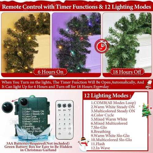 Remote Control 18 Ft Extra Long Prelit Christmas Garland Outdoor 100 Warm White & Multicolor Light 12 Mode Timer Real Touch Cedar Garland Battery Operated 600 Branch Christmas Decoration Stairs Mantle