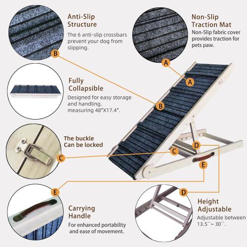 ZJSF Dog Ramp for Bed,Foldable Wooden Portable Non-Slip Dog Ramp for Couch,Small to Large Pet Ramp for Cars,Stairs with High Traction Mat,6 Adjustable Height from 13.5 to 30,Supports up to 230lbs