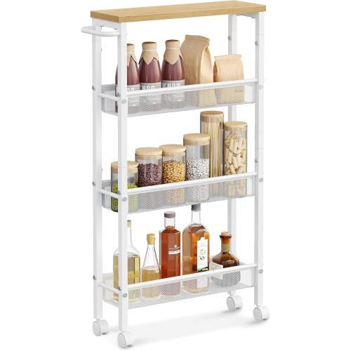 VASAGLE Slim Rolling Cart, 4-Tier Storage Cart, Narrow Cart with Handle, 5.1 Inches Deep, Metal Frame, for Kitchen, Dining Room, Living Room, Home Office, Oak Beige and Classic White ULRC032W09