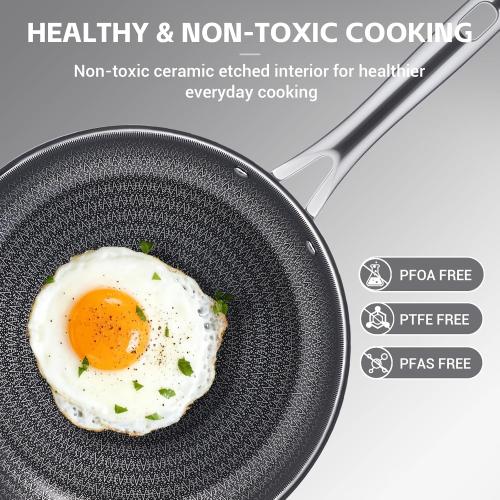 Ammeloo Hybrid Tri-Ply Stainless Steel Frying Pan Set, 8/9.5/11 Cooking Pans, Non Stick Frying Pans and Skillets, Chef Pan, Non Toxic, Dishwasher Safe, Induction Compatible, Black Interior