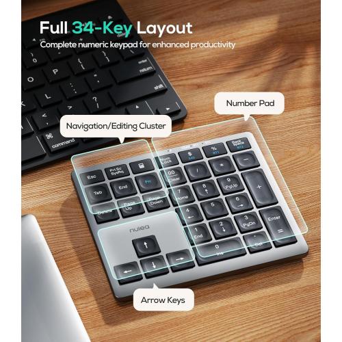 Nulea Wireless Number Pad Bluetooth 5.0 & 2.4G Portable Numeric Keyboard, USB-C Rechargeable, 34-Keys Bluetooth Keyboard for Data Entry, Compatible for Laptop, Mac, iMac, Tablet, PC Desktop
