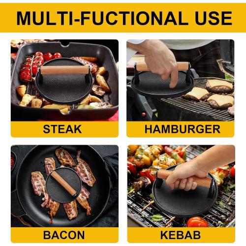 AIVIKI Burger Press, Smash Burger Press for Blackstone Griddle, Heavy Duty Cast Iron Round Bacon Grill Press with Wood Handle, Meat Steak Weight for Sandwich, Paninis (Round)