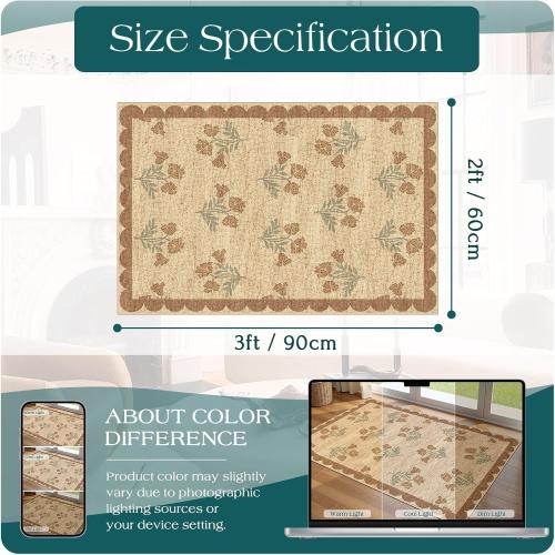 Front Door Mat Indoor Outside Entrance 2x3 Tan Floral Scalloped Rug