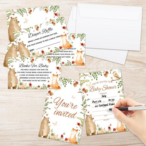 Woodland Baby Shower Invitations Kit with Envelopes, 25 Set Baby Shower Invites & 25 Diaper Raffle Tickets & 25 Baby Shower Book Request Cards, Baby Shower Celebration Supplies & Favors -06