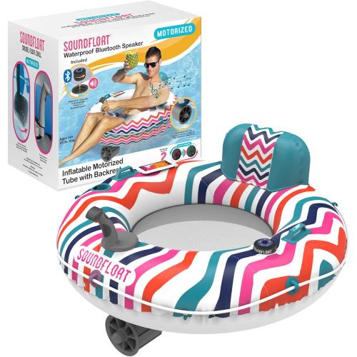 Motorized Inflatable Pool Float Lounger Tube, Bluetooth 5 IPX7 Waterproof Speaker, Pool & Lake Float with Mesh Bottom, Cup Holder, Backrest, Heavy-Duty Handles, 66W Motor