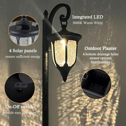 Solar Lamp Post Light with Planter, Outdoor Solar Lights with Crackle Glass, Matte Black Outdoor Flower Pots, 2 in 1 Solar Post Lights Waterproof for Porch Garden Patio