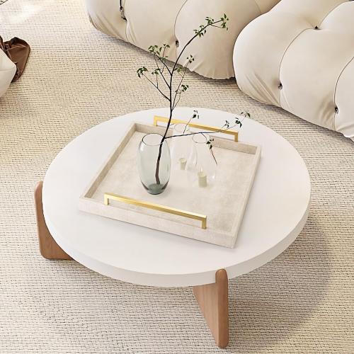 Large Ottoman Tray for Coffee Table,Square Shagreen Leather Decorative Tray with Gold Handles for Living Room Decor