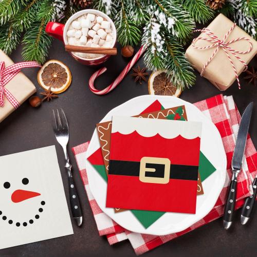 100 Christmas Napkins, Christmas Cocktail Napkins, Xmas Snowman Gingerbread Man Elf & Santa Party Napkins for Holiday Decorations Table Décor Party Supplies