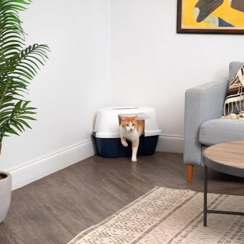 Corner Cat Litter Box Enclosure, Small Cat Litter Box with Lid, Corner Litter Box Enclosure for Kittens to Medium Sized Cats, Odor Defensive, Navy/White