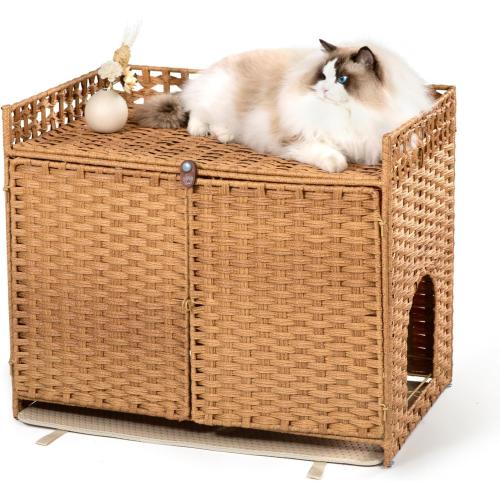 Furriends Cat Litter Box Enclosure with 2 Mats, Handwoven Rattan Hidden Litter Box Furniture Large 30.3”L x 18.2”W x 24.2”H, Double as Indoor Cat House or Side Table for Living Room Hallway, Tan