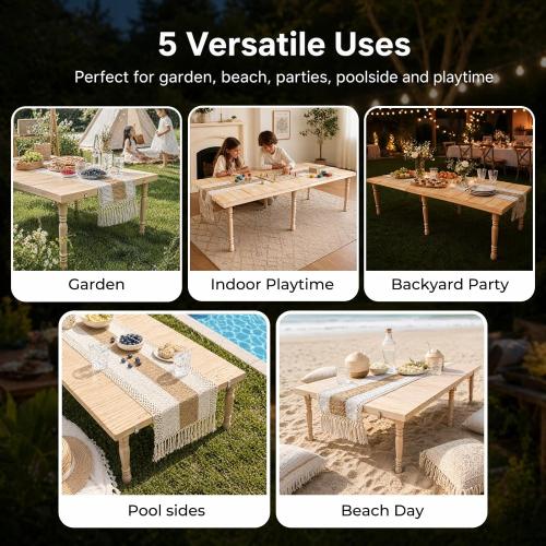 Boho Folding Picnic Table, 60 x 30 Low Wooden Table | Includes Table Runner & Non-Slip Pads, Portable Indoor/Outdoor Table for Camping, Beach, Garden, Wedding & Parties, Seats 6-8