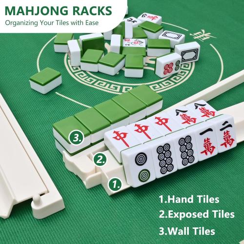 Mahjong Racks with Pushers, All-in-One Mahjong Tile Pushers and Racks with 3 Dices, Modern American Tile Set of 4 (White)