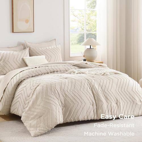 Andency King Size Comforter Set Beige, Boho Cream Soft Warm Tufted Neutral Bedding Comforter Sets for King Size Bed, 3 Pieces Aesthetic Chevron Farmhouse Cute Bohemian Textured Bedding Set