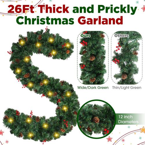 26ft Christmas Light Garland with 100 LED Battery Operated Pine Cones Red Berries Long Thick Outdoor Christmas Lighted Garland Artificial Xmas Decorations for Door Stairs Railing Fireplace