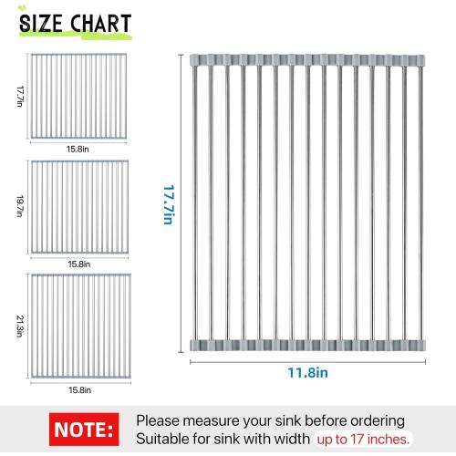 Roll Up Dish Drying Rack, 17.7 x 11.8 Over The Sink Dish Drying Rack, Dish Drying Rack for Kitchen Sink Counter Storage (Grey)