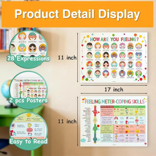 SAKVOGK Feelings Chart for Kids 2PCS - Emotions Poster Chart with Coping Skills - Waterproof Mental Health Posters, Calm Down Corner Supplies for kids,Toddlers School, Preschool, Homeschool