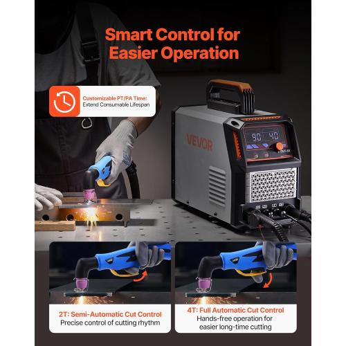 VEVOR Plasma Cutter, 50A Non-Touch Pilot Arc Plasma Cutting Machine, 110V/220V Dual Voltage Digital Display IGBT Inverter - with 2T/4T Function & Adjustable PA/PT Time for Home Repairs, Workshops