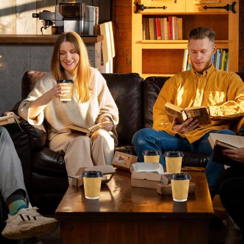 90 pack SIUQ 12 oz Coffee Cups-90 Pack Disposable Coffee Cups with Lids and Straws, Insulated Ripple Wall To Go Paper Coffee Cup for Coffee, Hot Chocolate and Hot Tea Drinks - Champagne