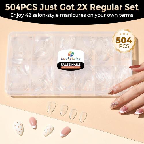 Short Almond Nail Tips: 504pcs Pre-Etched Soft Gel Nail Tips, Tri-Layer Core Short Fake Nails, 12 Sizes Half Matte Full Cover Clear Press on Nails Extension DIY for Flat & Natural Nail Beds