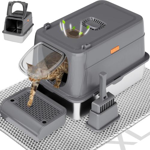 Trivic Stainless Steel Cat Litter Box with Lid,XL Extra Large Enclosed Removable Metal Litter Box with Litter Scoop&Double Layer Litter Mat,Non-Sticky，Non-Odor,Easy Cleaning, for Big Cats Dark Grey