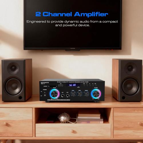 400W Home Audio Amplifier with Bluetooth 5.0, 2 Channel Stereo Receiver, Dual Karaoke Mics, FM Radio, USB/SD Playback for Home Theater, Garage, Party