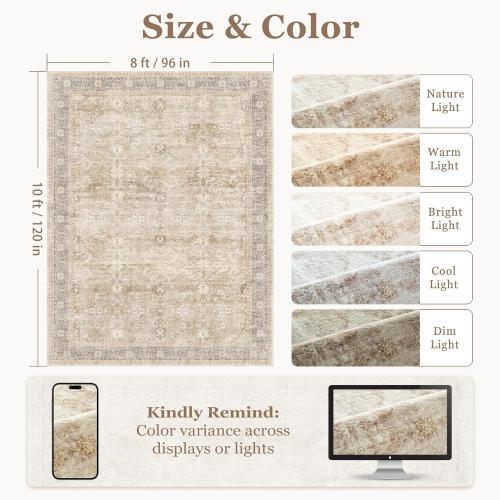 Vintage Beige 8x10 Area Rugs for Living Room, Retro Neutral Earth Tone Carpet Rug for Bedroom Dining Room, Low Pile Thin Washable Non Slip Room Rug for Home Office Playroom Family Room