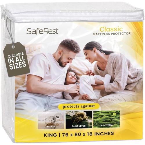 SafeRest Waterproof Mattress Protector King Size – Absorbent Breathable Soft Fitted Bed Cover with 18 Deep Stretchable Pockets – Machine Washable King Mattress Cover