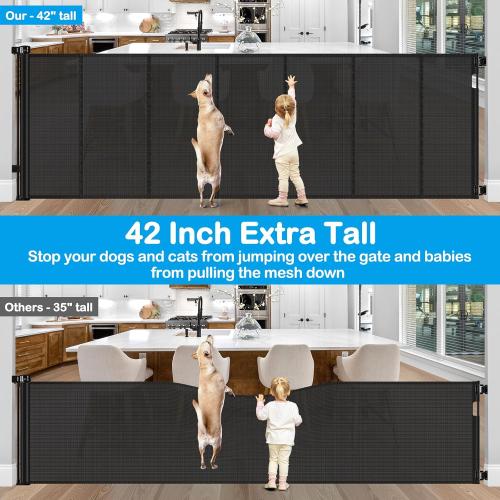 Reinforced 42 Tall X 120 Extra Wide Retractable Baby Gate Extra Long Baby Gates for Large Openings Prevent Kids and Pets from Jumping Over Retractable Pet Gate Reinforced Puppy Gates for Dogs, Black