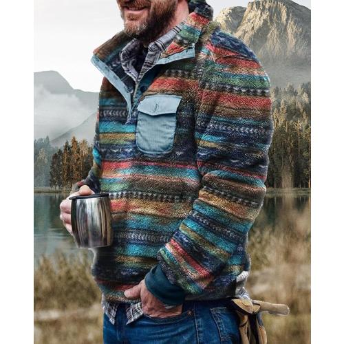 Mens XL Aztec Fleece Pullover Western Sweatshirt with Chest Pocket Button Collar Vintage Sweater Fuzzy Sherpa Aztec Jackets Tops
