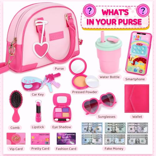 INNOCHEER Little Girls Purse, Kids Toy Purse with Pretend Makeup, Play Purse for Little Girls, Pretend Play Toddler Purse, Birthday Christmas Princess Gifts Toys for Girls 3 4 5 6 7 8 Year Old