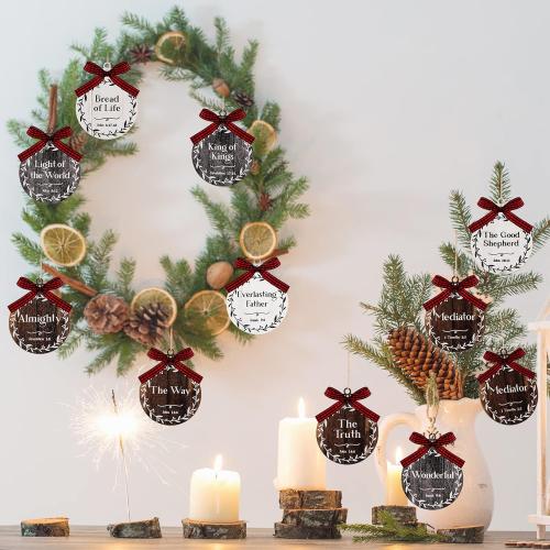Blulu 24 Pcs 2026 Names of Jesus Advent Christian Christmas Hanging Ornaments Bulk Religious 3 Inch Wood Ornaments with Savior Names for Christmas Tree Decoration(Black, White, Brown,Round)