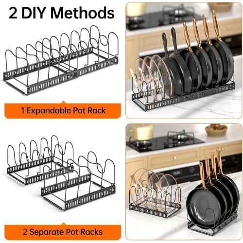 MUDEELA Pots and Pans Organizer Rack for under Cabinet, Expandable 11.81''-22.85'' Pot Lid Kitchen Cabinet Organizer Holder with 10 Adjustable Compartment Cutting Board Organizer for Pan Lid, Bakeware