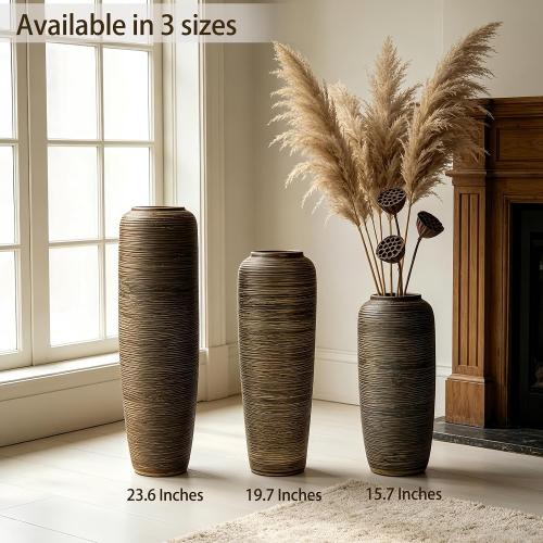 19.7 Inch Rustic Ceramic Large Floor Vase, Ribbed Textured Rustic Farmhouse Vase for Pampas Grass, Living Room & Entryway Décor, Handmade Ceramic Accent