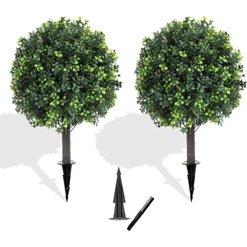 27.2 Artificial Boxwood Topiary Set of 2 with Spike, Fake Plants Boxwood Balls Greenery Bushes, Uv Resistant Artificial Outdoor Plants Shrubs for Front Porch Decor, Home Faux Plants Indoor