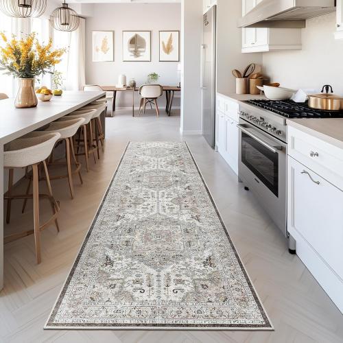 Madane Washable Runner Rug - 2x8 Runners for Hallways Kitchen Non-Slip Runner Rugs Ultra-Thin Laundry Room Rug Throw Carpet Runner for Entrance Living Dinning Room Foyer (Ivory/Brown, 2 x 8)