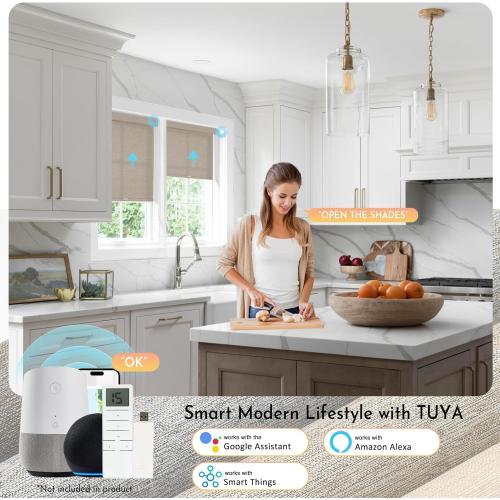 Persilux Smart Motorized Blinds with Remote, No Drill Automatic Roller Shades for Indoor Windows, Light Filtering Linen Fabric, Electric Blinds for Windows, Linen Light Brown C156-3, Custom Size