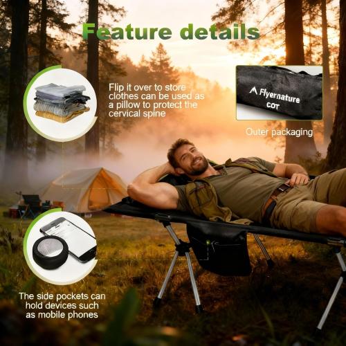 Ultra-Light Compact Camping Cot for Adults & Kids, Foldable Sleeping Design with 2-in-1 Height Adjustment, Portable Travel Style Supports 300 lbs, 75x26x15.8 Inches, Black | Flyernature