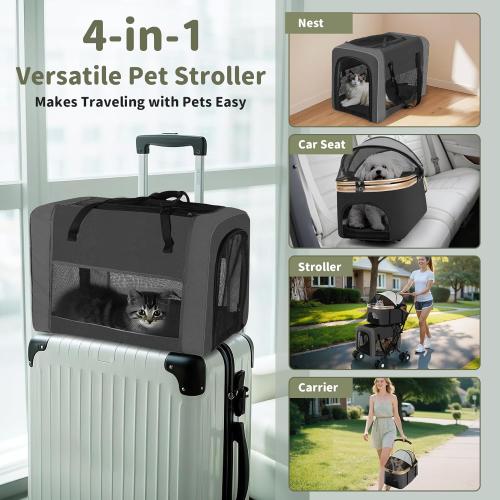 Double Pet Stroller for Dogs and Cats: Dog Stroller Foldable Travel Carriage with Detachable Carriers, Safety Belts, and 4 Lockable Wheels for Small to Medium Pets – Ideal for Multi-Pet Homes (Black)