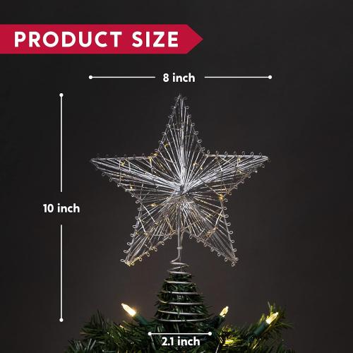 Joiedomi Christmas Star Tree Toppers Silver, 8 Metal Treetop Ornaments Battery Powered with Warm White LED Lights for Xmas Decorations Indoor, Holiday Party Decor
