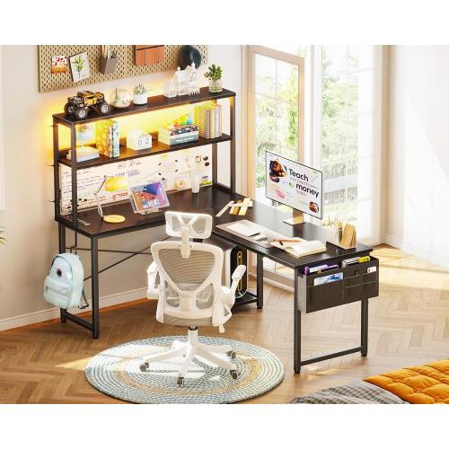 AODK L Shaped Desk Gaming Desk with LED Light & Power Outlet, 53 Inch Reversible L Shaped Computer Table with Shelf & Storage Bag & Hook for Home Office, Black