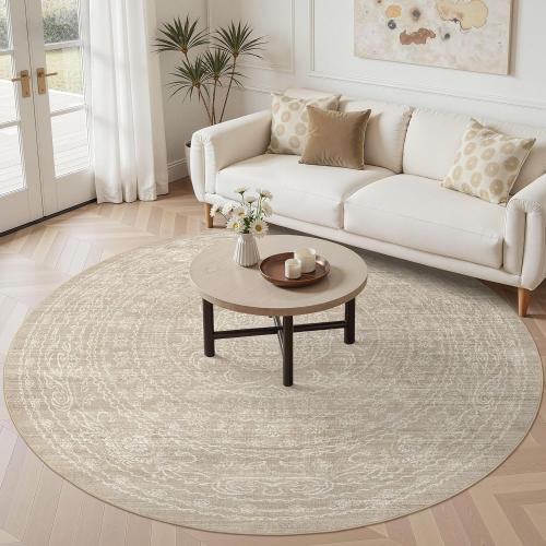 Large Round Rug Living Room: Washable Large Vintage Rug Neutral Non-Slip Soft Stain Resistant Indoor Carpet for Bedroom Nursery Dining Room Under Table Bed Home House Office Playroom - Brown
