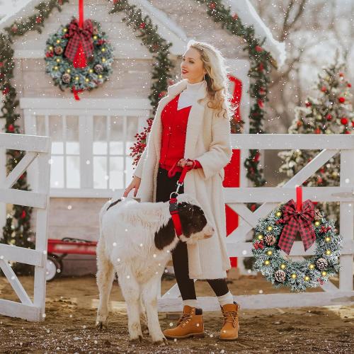 Geosar 3 Pcs Lighted Christmas Wreath, 13.8 Inch LED Christmas Wreaths with Buffalo Check Bow Pine Cone Berry, Small Lighted Xmas Window Wreaths for Front Door Wall Party Decor (Frosted)