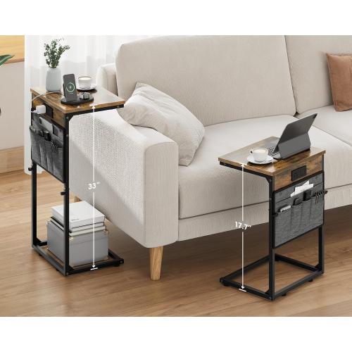 Black Wood Brown and Grey Vagusicc C Shaped End Table with Charging Station, 33 Tall Side Table for Couch, Sofa Table Adjustable Height Small Couch Side C Table, Slide Under Sofa Tray Arm Table for Living Room, Bedroom, Brown