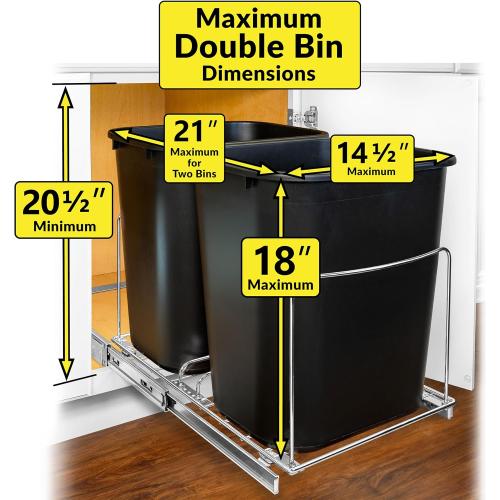 LYNK PROFESSIONAL® Double Pull Out Trash Can Under Cabinet - Under Sink Trash Can Slider - Trash Can Slide Out Drawer - Sliding Pull Out for Kitchen Garbage Bin (Trash Cans Not Included)