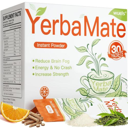 WUEIS Yerba Mate Instant Tea Powder – Clean Energy, Prebiotic Support & Gut Health – Low Sugar, Natural Caffeine, Orange Flavor, 30 Single-Serve Sticks