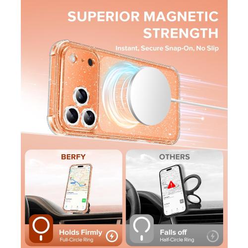 BERFY for iPhone 17 Pro Max Case for Women, Compatible with MagSafe, Clear Glitter Shockproof Protective Case, Anti-Yellowing, with Screen Protector & 3 Diamond Camera Lens Covers 6.9, Sparkle Clear