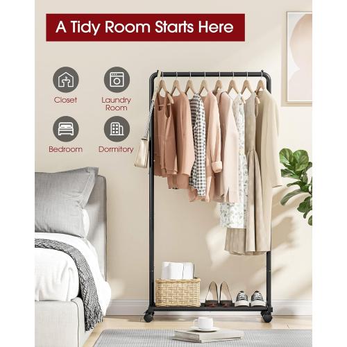 Clothes Rack - Clothing Rack with Storage Mesh Shelf & Casters, Heavy-Duty Metal Clothing Rack for Hanging Clothes, Dresses, Coats, Large Load Capacity, Easy Assembly, Black, 28.0x16.9x59.0