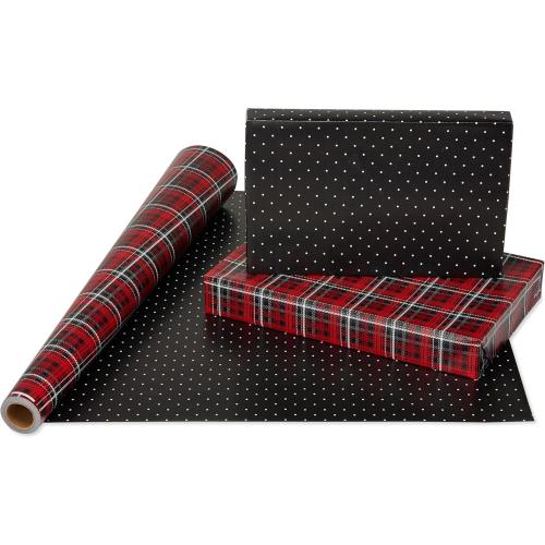 American Greetings Reversible Wrapping Paper, Red and Black Plaid (1 Jumbo Roll, 175 sq. ft.)