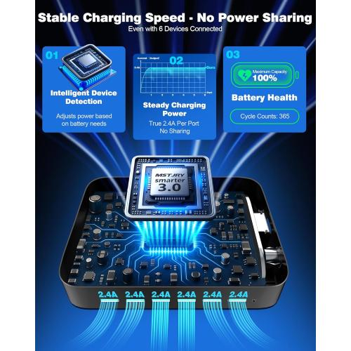 MSTJRY Charging Station for Multiple Devices : 6 Port USB Charger Stations - Family Multi-Device Organizer Charging Dock - Designed for iPhone iPad Android Cell Phone Tablet and Electronic, Black